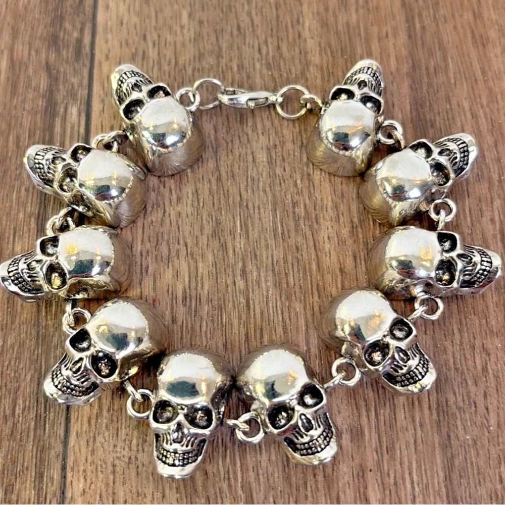 Fashion Gothic Skull Skleton Head Beads Biker Mens Silver Metal Bracelet Bangle